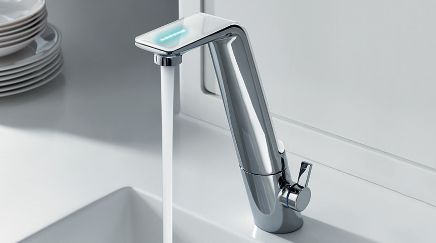 ALESSI Sense by Oras kitchen faucet with a smart control pad is a sustainable alternative for kitchens