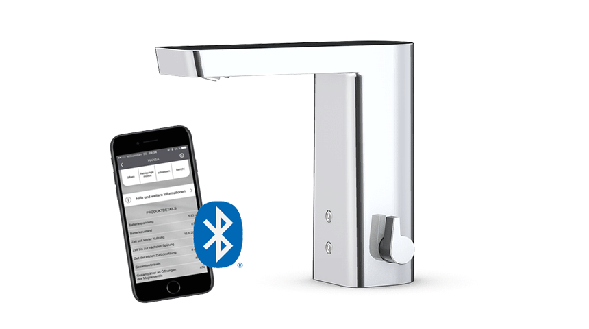 Oras beröringsfria blandare med Bluetooth kan styras via Oras App som möjliggör automatisk spolning vid bestämda tidsintervaller.