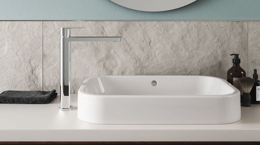 With free-standing vessel sinks, a faucet model with a higher body is a good match.