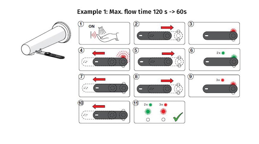 How to change touchless faucet’s maximum flow time from 120 seconds to 60 seconds. 