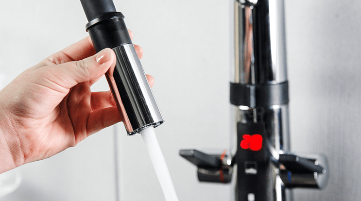 HANSAFIT a hybrid smart kitchen faucet has two spray option and a flexible spout.