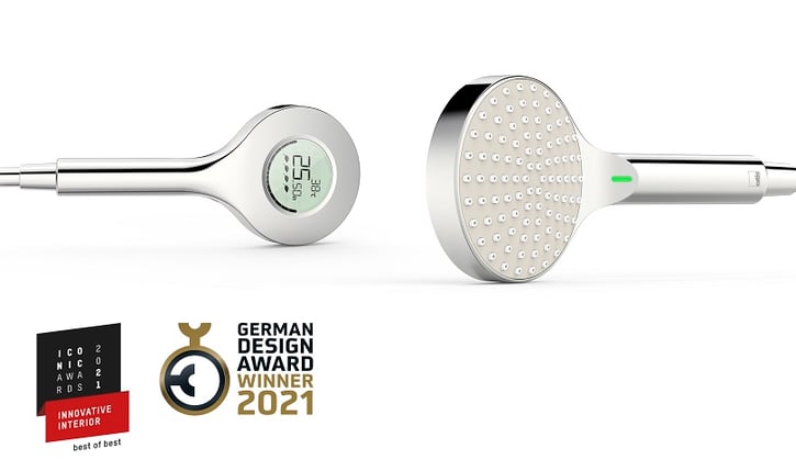 Samlet konkurrencevinder af ICONIC AWARDS: Innovative Interior 2021 og vinder af German Design Award 2021 i kategorierne "Bad and Wellness" og "Eco Design": den intelligente Oras Hydractiva Digital håndbruser af den finske armaturspecialist Oras. 
