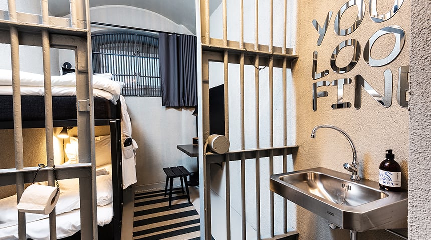 The hotel offers special ‘cell rooms’ that are designed to play on the building’s former life as a prison.