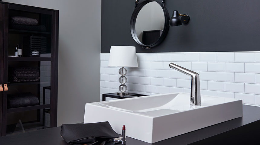 The collection also offers elegantly shaped touchless faucets