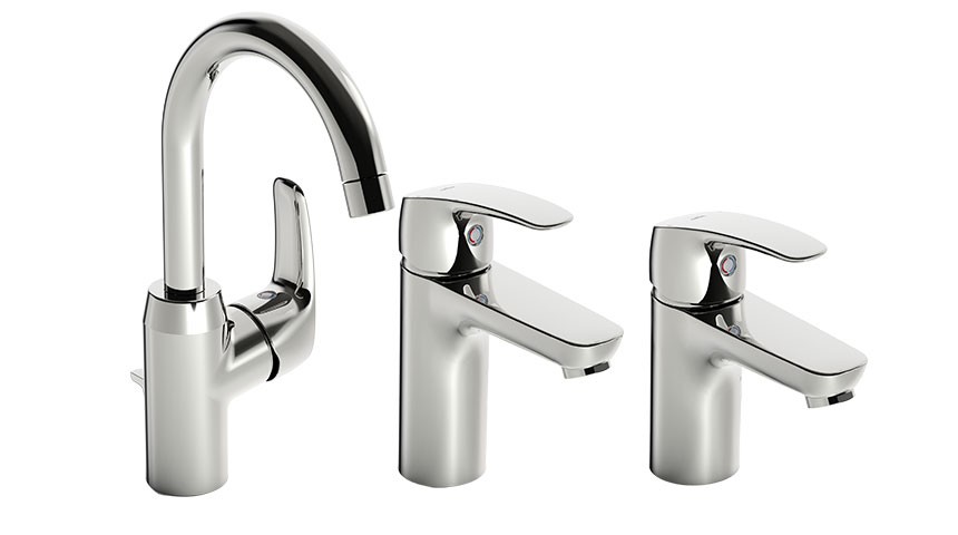 The renewed classic - Oras Safira washbasin faucet range offers different size options for your bathroom. Product numbers from left to right: 1009F, 1011F, 1010F
