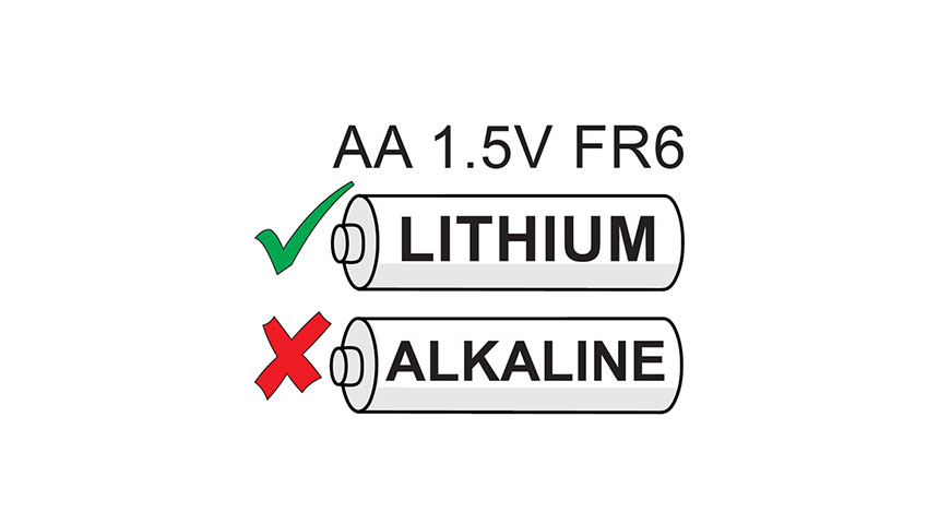 Du skal bruke litiumbatterier i batteridrevne kraner fra Oras. Riktige batterier er merket med ”Lithium” og ”FR6” på emballasjen.